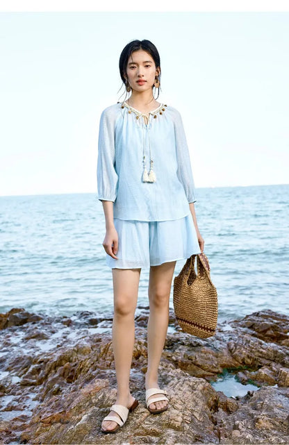 SENTUBILA Women's 2 Piece Bohemian Blouse Summer Set 2026 Beaded Tie Top Elastic Waist Shorts Clothing Set 161ZC4660