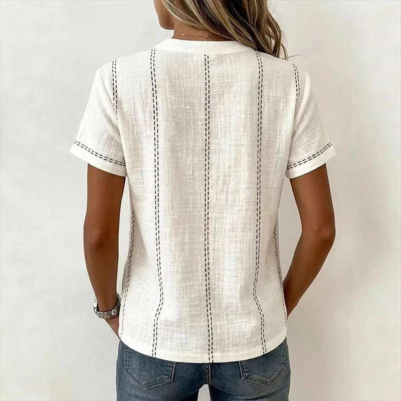 Elegant Women Blouse Shirt V Neck Button Patchwork Short Sleeve Shirts For Women Summer Striped Loose Tee Women Casual T-shirts