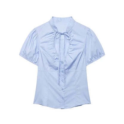 Women's Tops 2026 Summer Fashion Stand Collar Lace Up Short Sleeve Buttons Blouses Elegant Shirts Female Slim Top