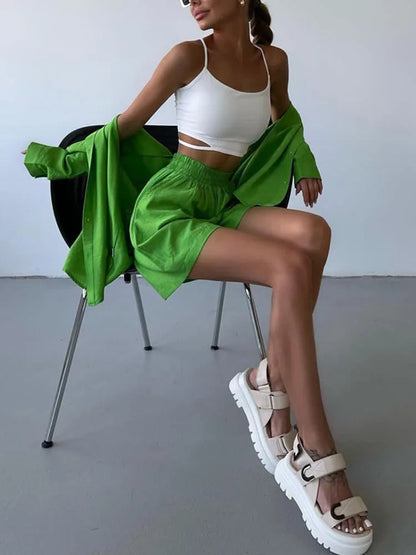 Summer Women's Suit Shirt and Short Sets Solid Color Casual Cotton and Linen Blouse and Shorts Two Piece Sets Women Outfit 2026