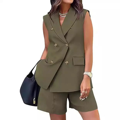 Fashionable Backless Button Sleeveless Top + Shorts Two-piece Sets Women Summer Casual Loose Lapel Shirt Shorts Set For Women