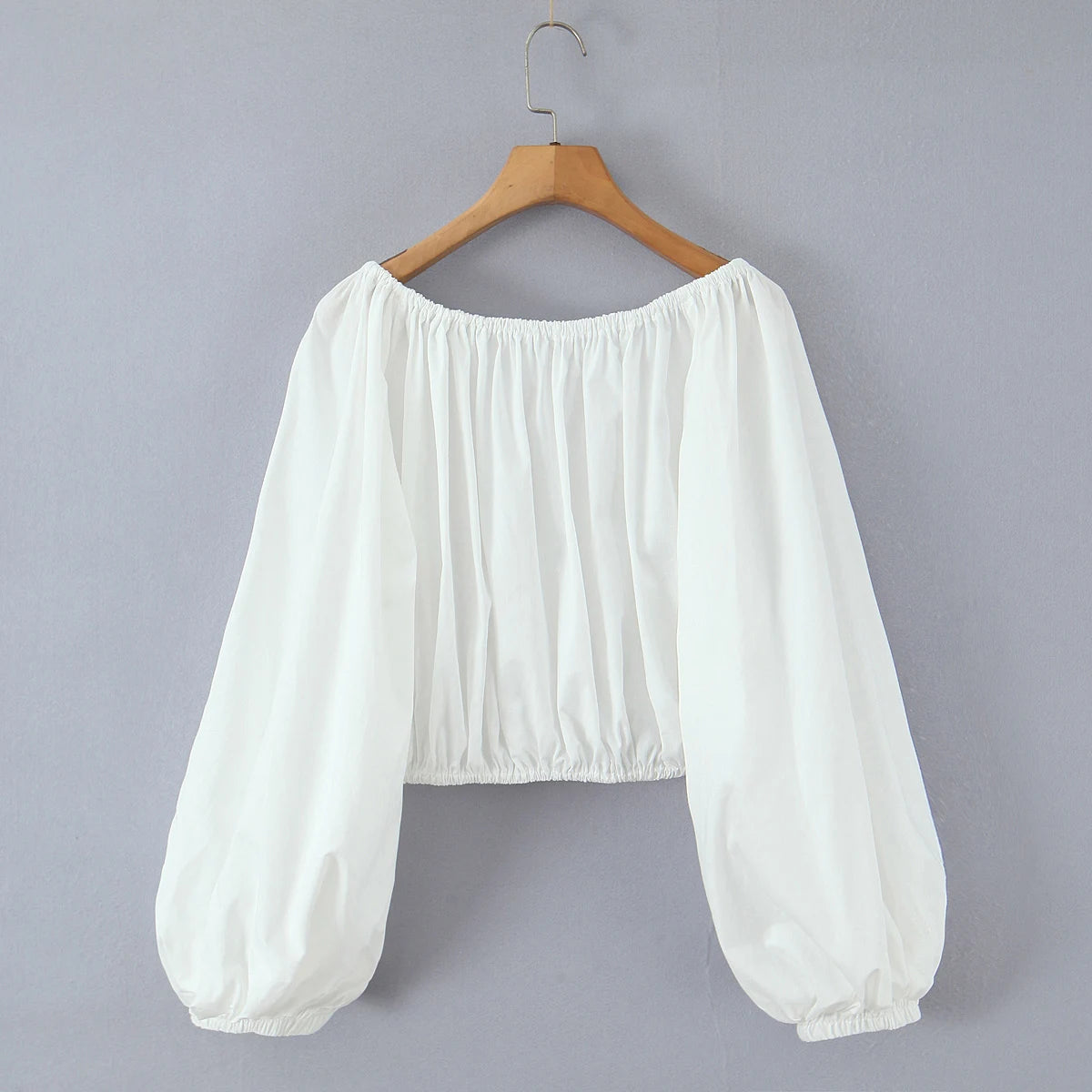 2 pieces 1 set Spring Summer White Elastic Slash Shoulder Lantern Sleeve Shirt + Wood ears Elastic Waist BUD Mini Shorts Suits