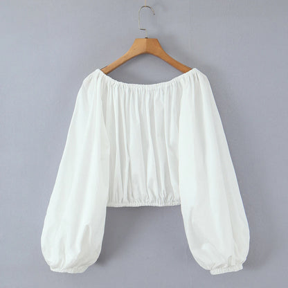 2 pieces 1 set Spring Summer White Elastic Slash Shoulder Lantern Sleeve Shirt + Wood ears Elastic Waist BUD Mini Shorts Suits