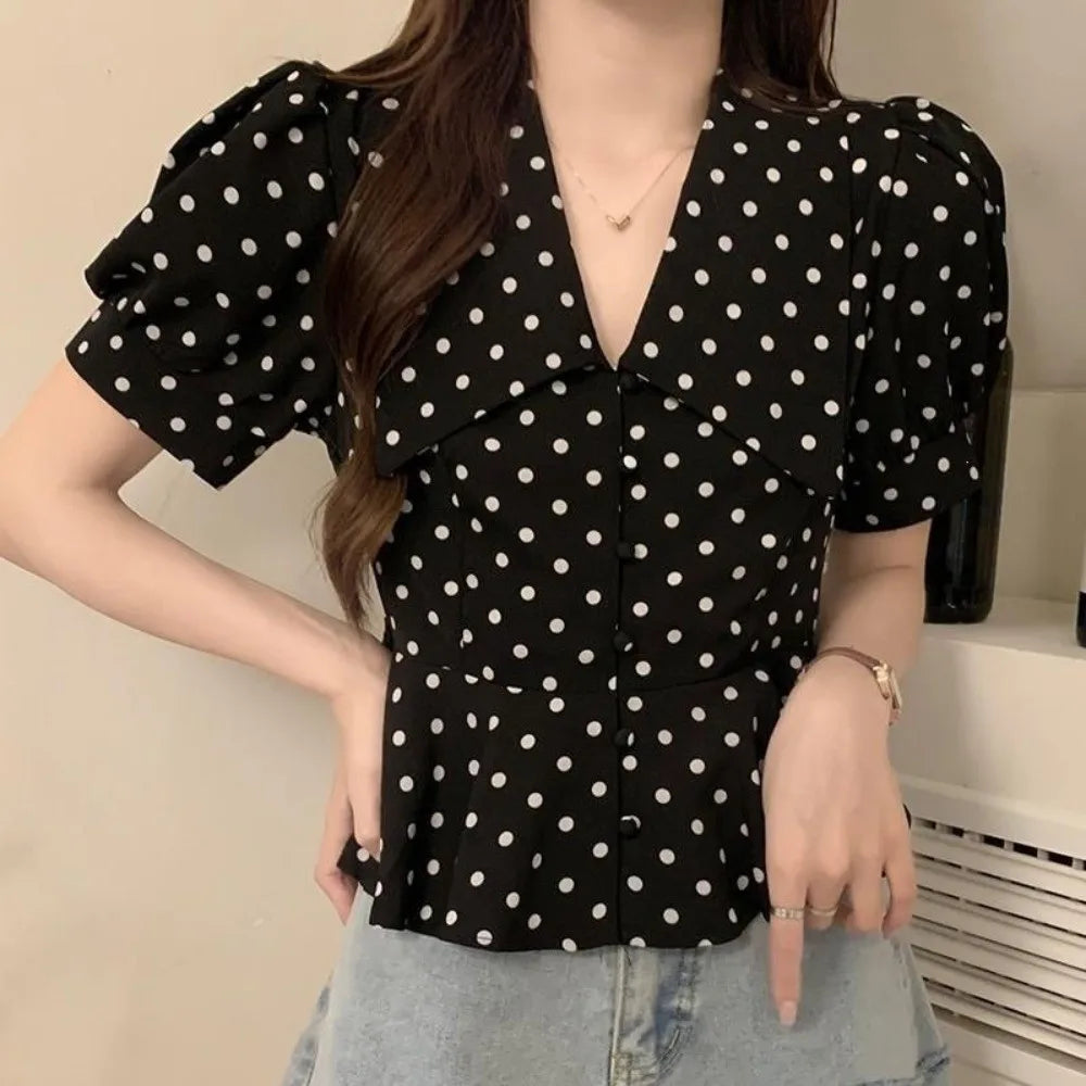 NEW Peter Pan Collar Women's Blouse Retro Summer Polka Dot Shirts Casual Commute Outfit Short Sleeve for Office Ladies
