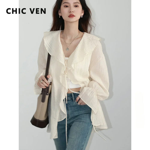 CHIC VEN Women Shirt Loose Casual Ruffled Edges Female Blouses V Neck Lace Up Mid Length Woman Shirts Spring Summer 2026