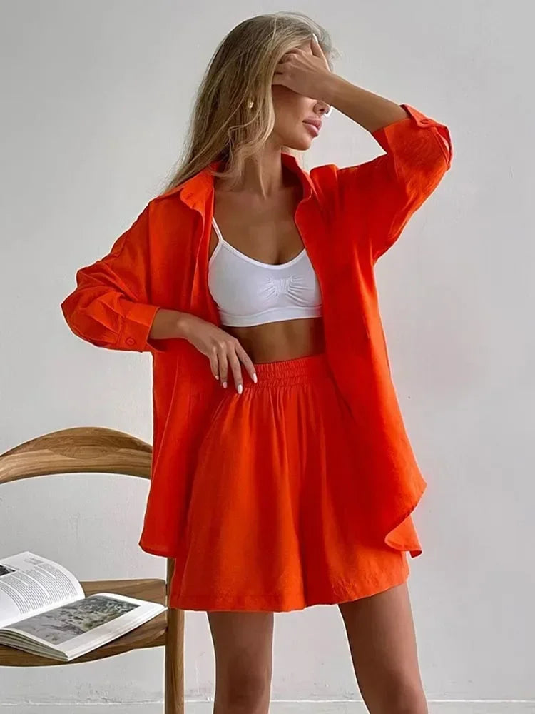 Summer Women's Suit Shirt and Short Sets Solid Color Casual Cotton and Linen Blouse and Shorts Two Piece Sets Women Outfit 2026