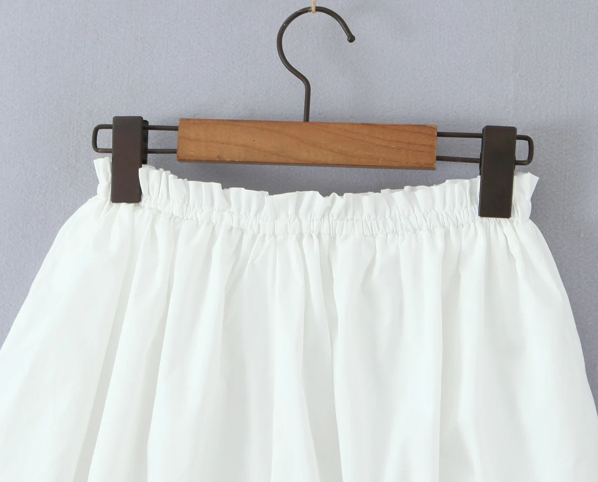 2 pieces 1 set Spring Summer White Elastic Slash Shoulder Lantern Sleeve Shirt + Wood ears Elastic Waist BUD Mini Shorts Suits