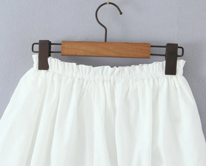 2 pieces 1 set Spring Summer White Elastic Slash Shoulder Lantern Sleeve Shirt + Wood ears Elastic Waist BUD Mini Shorts Suits