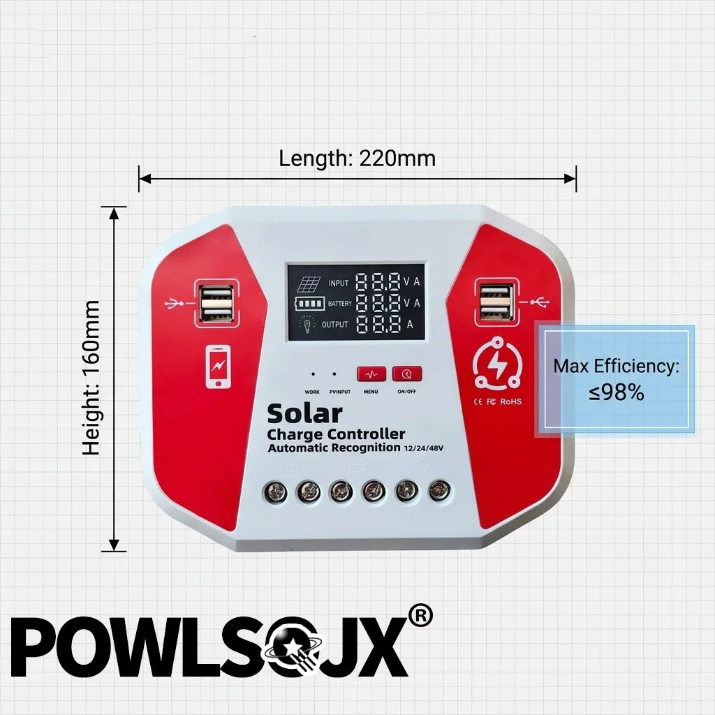 POWLSOJX Solar Charge Controller 30A 40A 60A 80A 100A 12V 24V 48V Auto PV Regulator with LCD Display 4 USB for Lead Acid Li