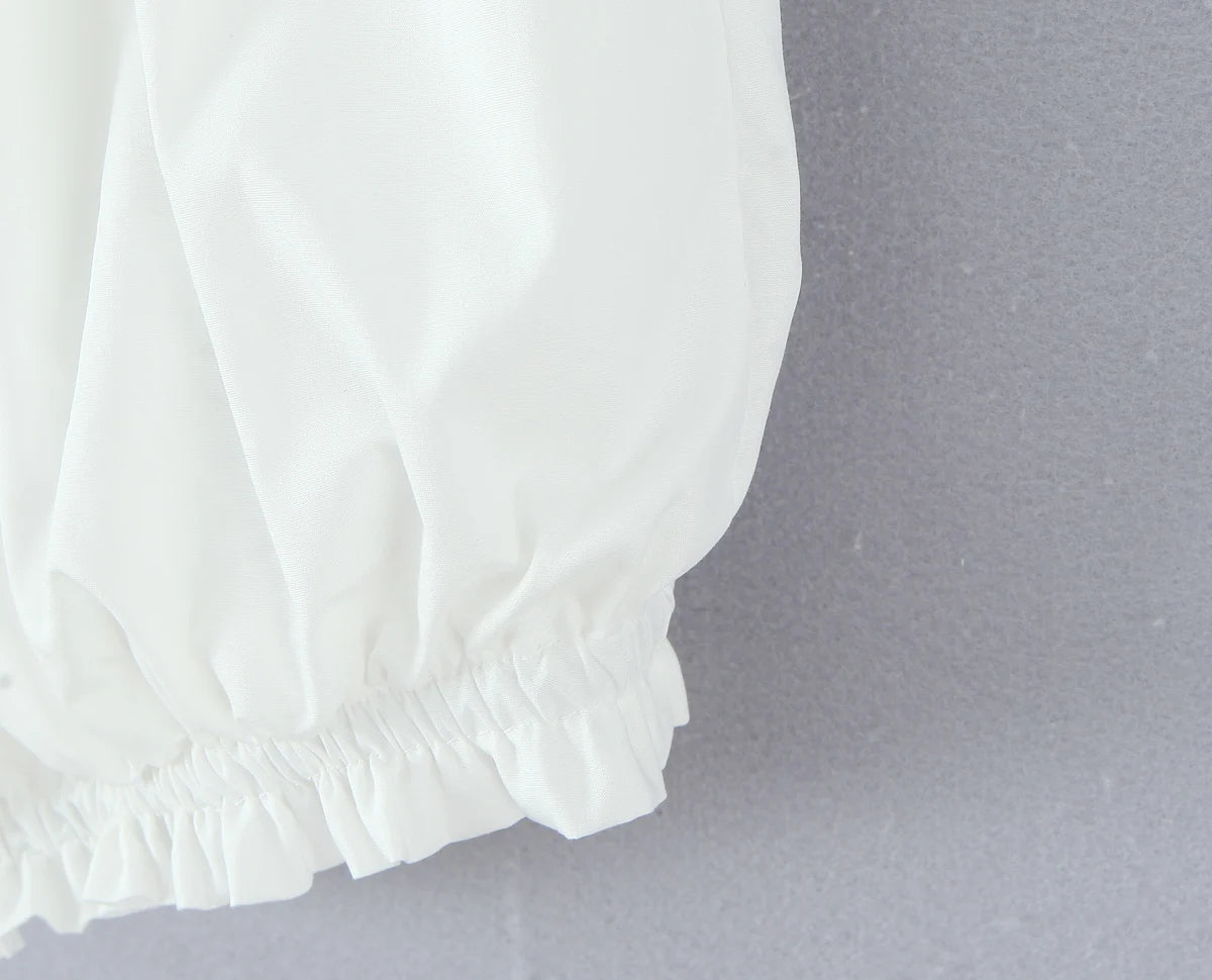 2 pieces 1 set Spring Summer White Elastic Slash Shoulder Lantern Sleeve Shirt + Wood ears Elastic Waist BUD Mini Shorts Suits