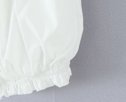 2 pieces 1 set Spring Summer White Elastic Slash Shoulder Lantern Sleeve Shirt + Wood ears Elastic Waist BUD Mini Shorts Suits