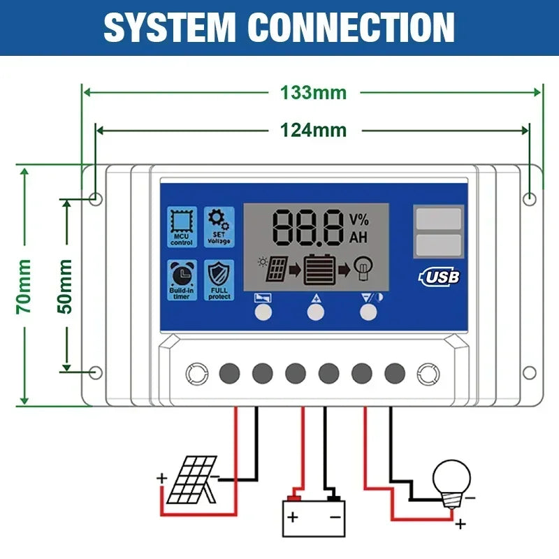 Solar Charge Controller 12V/24V PWM 10A- 100A with Adjustable LCD Display Timer Setting EESBAO