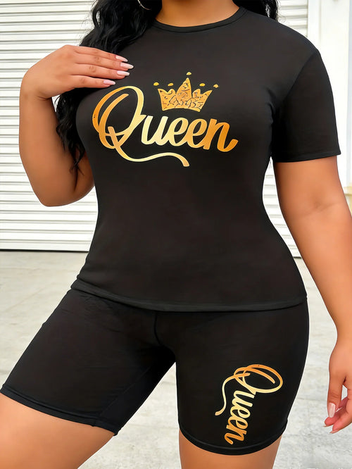 Women's Fashionable Casual Plus-Size Queen Print Two-Piece Set, Round-Neck Short-Sleeved Top and Shorts Clothing, Women's Plus-S