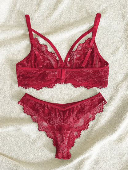 Women's Sexy Push Up Bra & Brazilian Panties Set - Lace Underwire Sheer Mesh Lingerie, Adjustable Straps Comfort Fit for Daily