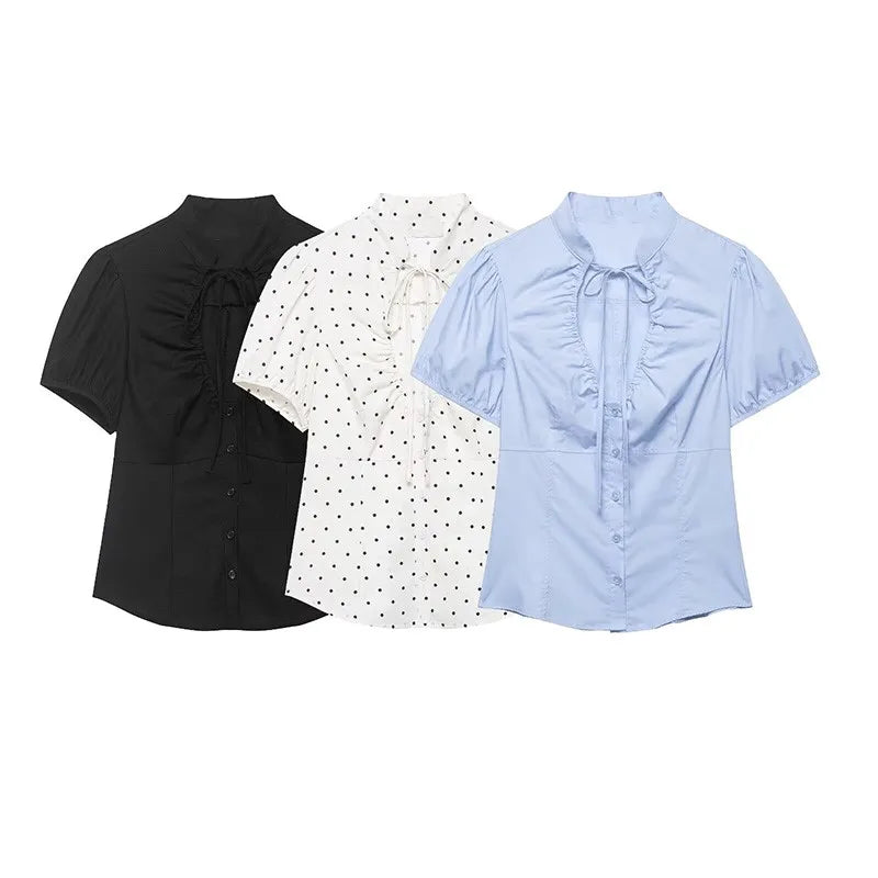 Women's Tops 2026 Summer Fashion Stand Collar Lace Up Short Sleeve Buttons Blouses Elegant Shirts Female Slim Top