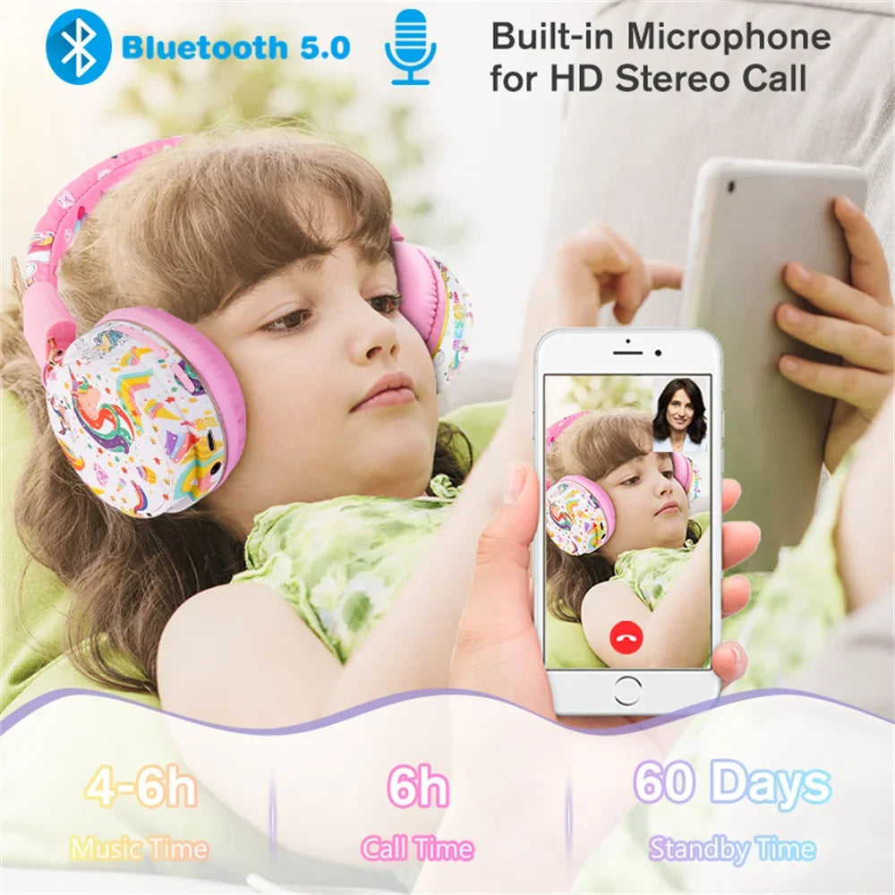Unicorn Kids Headphones Bluetooth Headset Wireless & 3.5mm Wired Headsets Stereo Music Headphones for School Travel with Gifts