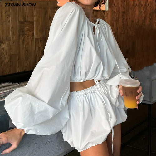 2 pieces 1 set Spring Summer White Elastic Slash Shoulder Lantern Sleeve Shirt + Wood ears Elastic Waist BUD Mini Shorts Suits