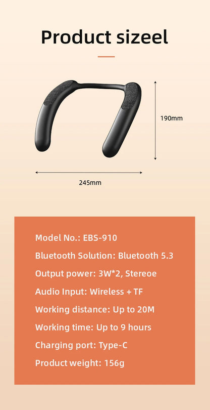 Rockmia EBS-910 New Wearable Wireless Neckband Speaker Bluetooth 5.3 AAC Code True Wireless Stereo Music Box TF Card Slot Type C