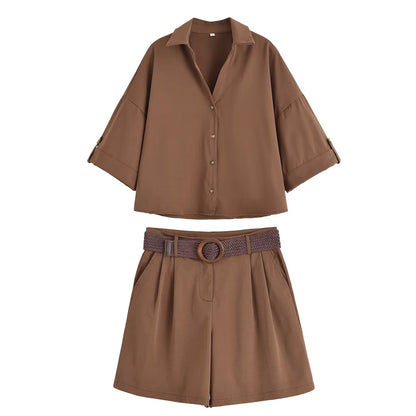 HH Women Elegant Turn-Down Collar Single-Breasted Shirts Top+Chic Mid Waist Belt Decoration Zipper Casual Shorts 2-Piece Set