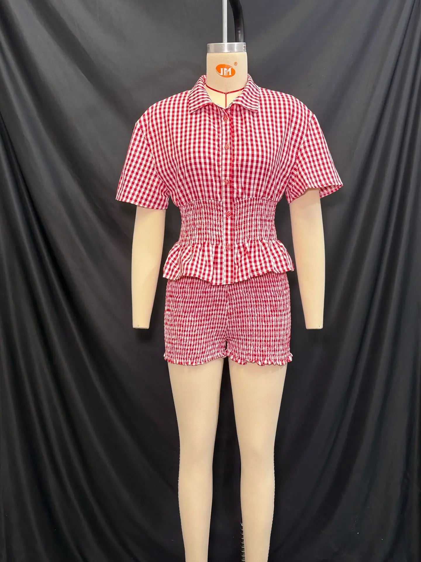 2025 Summer New Sweet Style Red and White Plaid Short Sleeve Shirt Collar Shorts Set