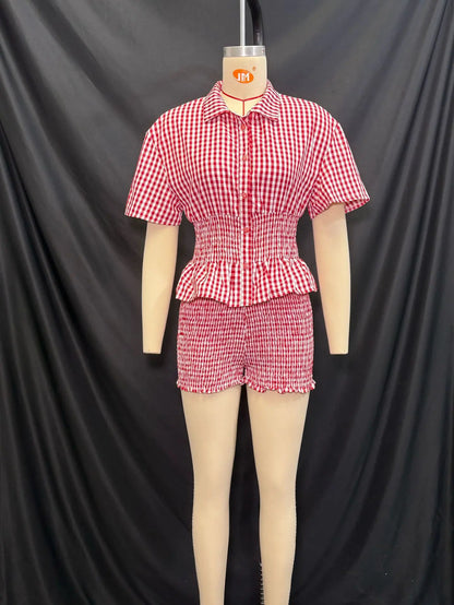 2025 Summer New Sweet Style Red and White Plaid Short Sleeve Shirt Collar Shorts Set
