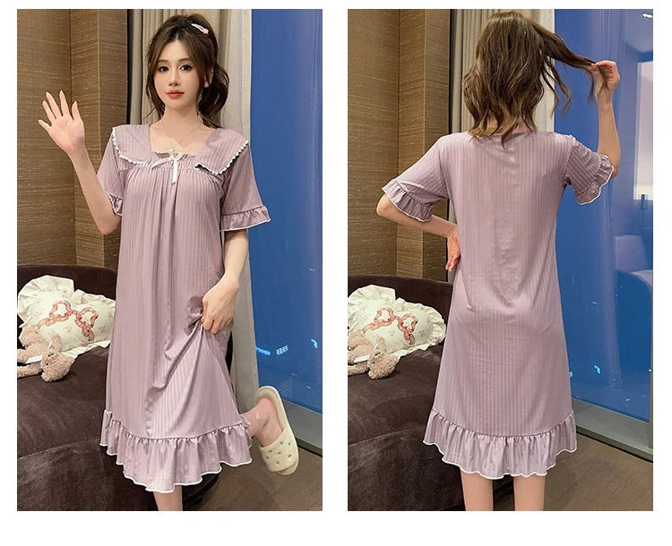 Hot Summer Plus Size Sexy Lace V-neck Short Sleeve Cotton Nightgowns for Women Cute Sleepwear Night Dress Nightdress Home Nighty