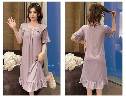 Hot Summer Plus Size Sexy Lace V-neck Short Sleeve Cotton Nightgowns for Women Cute Sleepwear Night Dress Nightdress Home Nighty