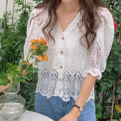 New Lace Hollow Out Bubble Sleeve Shirt Elegant V-neck Button Up Shirt Sweet Short Sleeve Blouses Summer