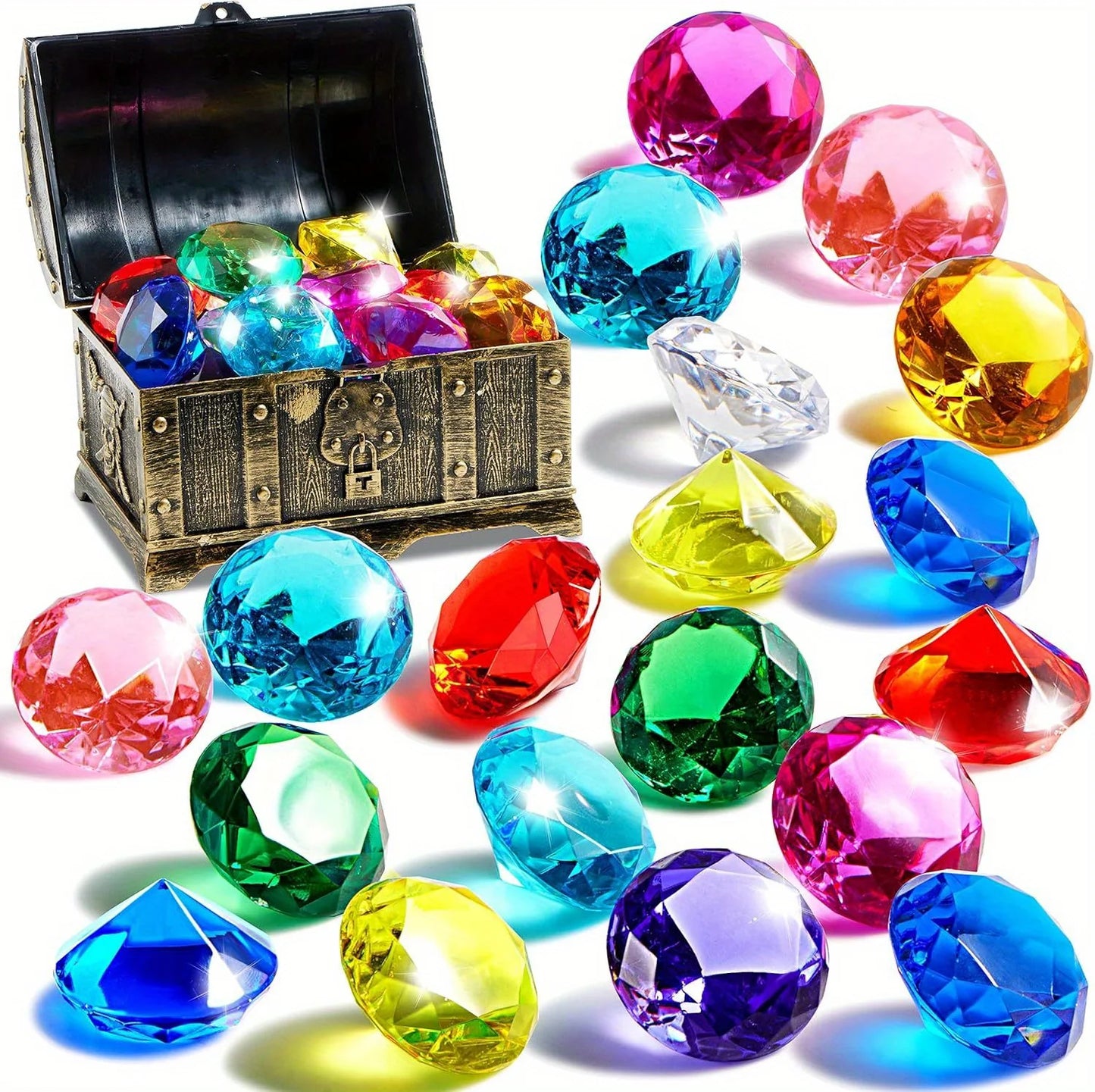 Joyfy Diving Gems Pool Toys 16 Big Colorful Diamond with Pirate Treasure Chest for Kids Underwater Gemstone Swimming Train Gift