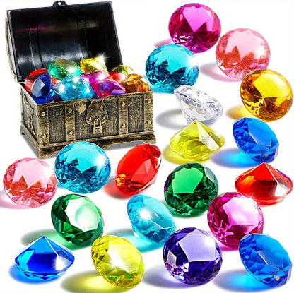 Joyfy Diving Gems Pool Toys 16 Big Colorful Diamond with Pirate Treasure Chest for Kids Underwater Gemstone Swimming Train Gift