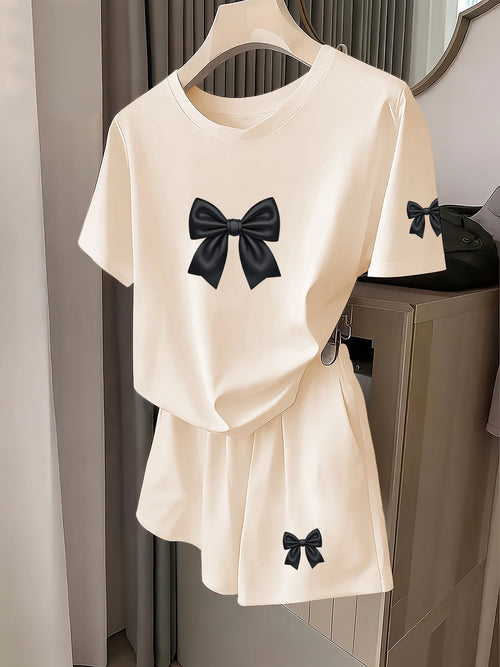 French Retro Style Elegant Bow Print Short-Sleeve Set for Women, Loose Fit, Slimming, Stylish Casual Fashion Versatile T-Shirt and Shorts Two-Piece Set, Daily Date Outfit, Women's Clothing