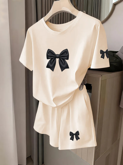 French Retro Style Elegant Bow Print Short-Sleeve Set for Women, Loose Fit, Slimming, Stylish Casual Fashion Versatile T-Shirt and Shorts Two-Piece Set, Daily Date Outfit, Women's Clothing