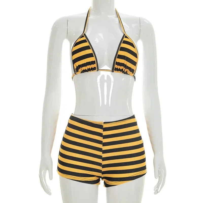 Women Striped Print 3 Piece Short Sets Summer Sexy Halter Lace-up Bra Short Sleeve Crop Top Shorts Matching Sets Beach Vacation