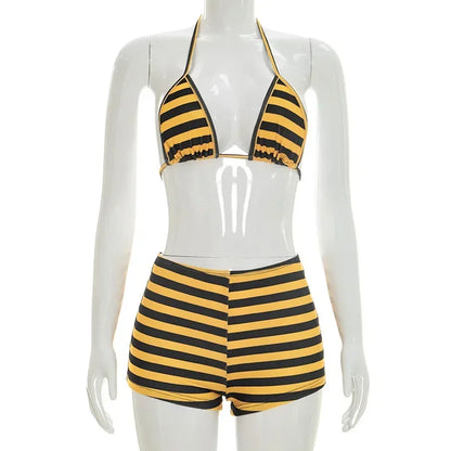 Women Striped Print 3 Piece Short Sets Summer Sexy Halter Lace-up Bra Short Sleeve Crop Top Shorts Matching Sets Beach Vacation