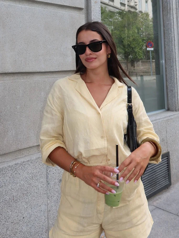 HH Women Casual Shorts Suit Lapel Single-Breasted Long Sleeves Shirt Top+Summer Elastic Waist Pocket Design Elegant Shorts
