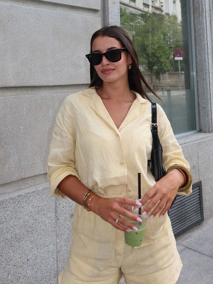 HH Women Casual Shorts Suit Lapel Single-Breasted Long Sleeves Shirt Top+Summer Elastic Waist Pocket Design Elegant Shorts
