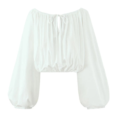2 pieces 1 set Spring Summer White Elastic Slash Shoulder Lantern Sleeve Shirt + Wood ears Elastic Waist BUD Mini Shorts Suits