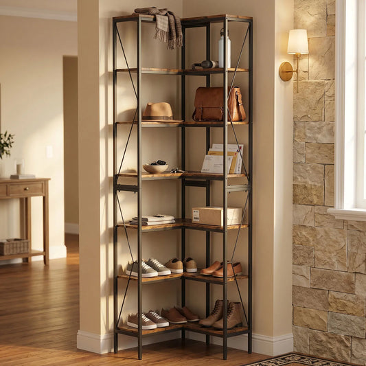 7 Tier Bookshelf Industrial L Shaped Corner Shelf Open Display Rack with Metal Frame for Living Room Home Office Vintage Color