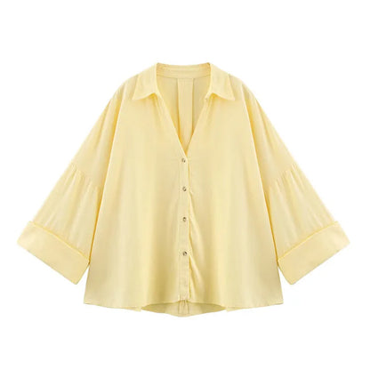HipSeam Wide Sleeved Shirt Women Spring Asymmetric Hem Button Women's Shirts Simple Lady Johnny Collar Shirts & Blouses