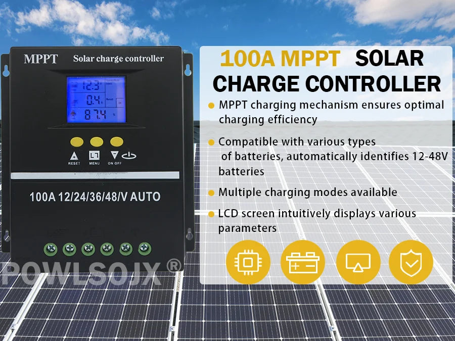 POWLSOJX MPPT 100A 80A 60A Solar Charge Controller 12V 24V 36V 48V Solar Panel Lead Acid/Lithium Battery Regulator Dual USB