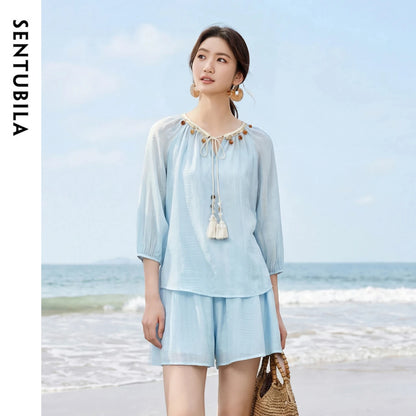SENTUBILA Women's 2 Piece Bohemian Blouse Summer Set 2026 Beaded Tie Top Elastic Waist Shorts Clothing Set 161ZC4660