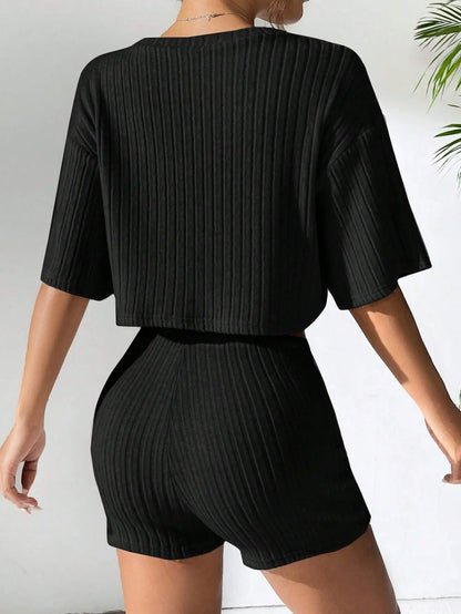 Women's Spring and Summer Fashion Short Crew Neck T-Shirt Top Shorts Two-piece Set Women's Womens Two Peice Sets