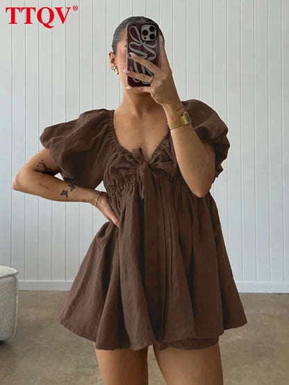 TTQV Sexy Loose White Cotton Two Piece Outfits Woman 2026 Fashion Short Sleeve Shirt With High Waist Shorts Set Female Clothing