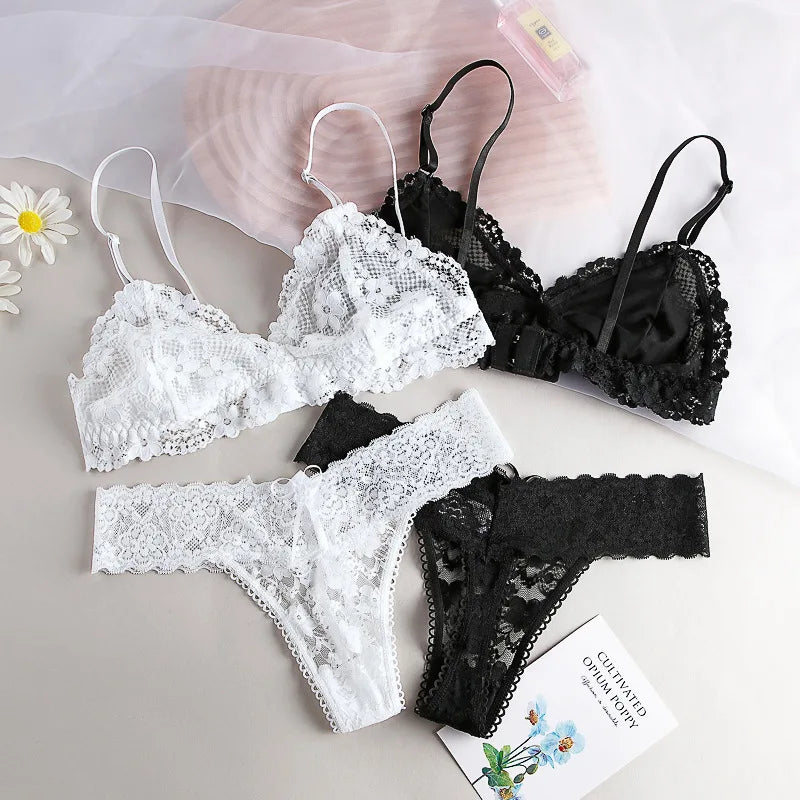 Women Lace Bra and Panties Set Sheer Floral Lace Wireless Bralette Sexy No Pad Lingerie Set Low Rise T-back Panty Underwear Set