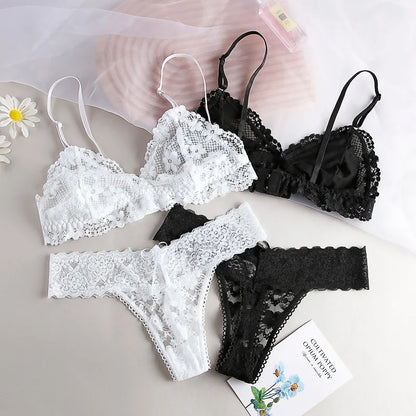 Women Lace Bra and Panties Set Sheer Floral Lace Wireless Bralette Sexy No Pad Lingerie Set Low Rise T-back Panty Underwear Set