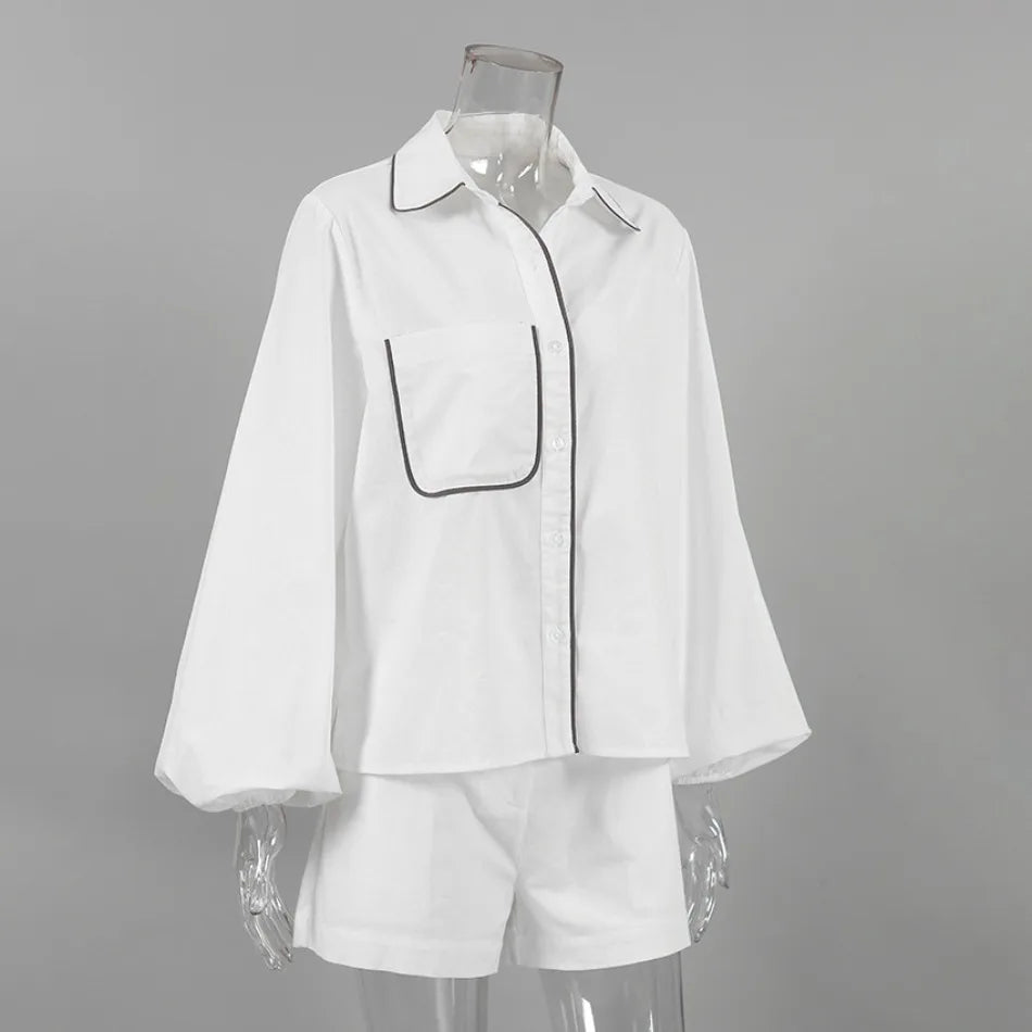 New in Summer Women's Elegant Set   Cotton Linen Long-Sleeved Black White Contrasting Color Design Shirt Shorts Two-Piece