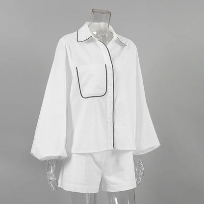 New in Summer Women's Elegant Set   Cotton Linen Long-Sleeved Black White Contrasting Color Design Shirt Shorts Two-Piece
