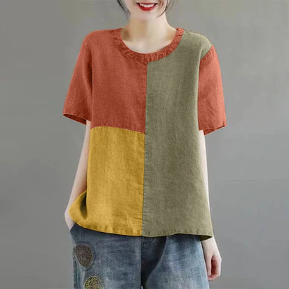 ZANZEA Women Patchwork Blouse 2024 Summer Short Sleeve Tunics Fashion Round Neck Shirts Casual Loose Holiday Cotton Linen Tops
