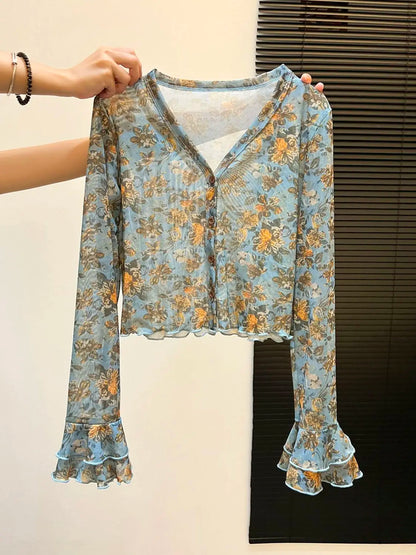 Floral Blouse For Women V-neck Flare Sleeve Slim Fit Gauze Shirts 2026 Blusas Mujer De Moda Vintage Summer Sweet Blouses Tops