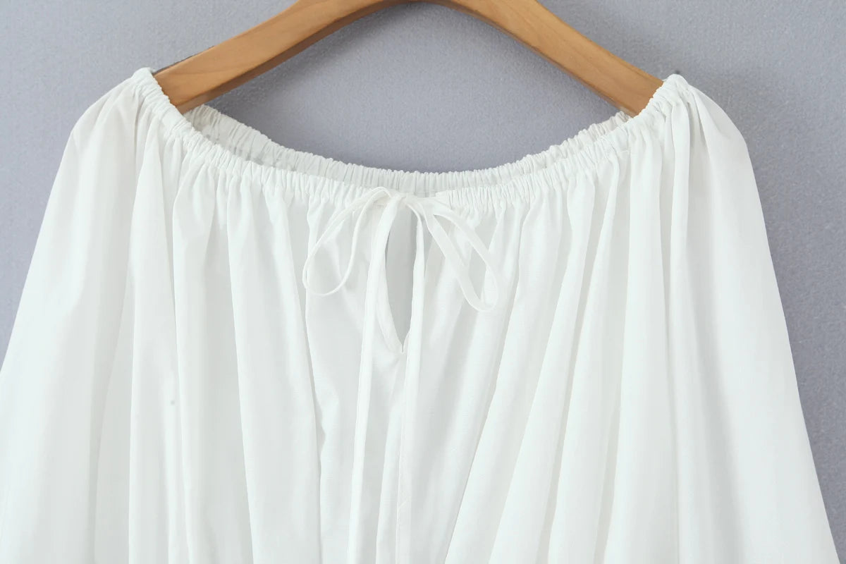 2 pieces 1 set Spring Summer White Elastic Slash Shoulder Lantern Sleeve Shirt + Wood ears Elastic Waist BUD Mini Shorts Suits